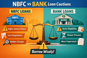 NBFC vs Bank loan comparison infographic showing borrower cautions, interest rates, approval process and risks in India