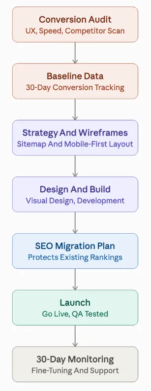 Website redesign process flowchart from conversion audit to 30-day post-launch monitoring