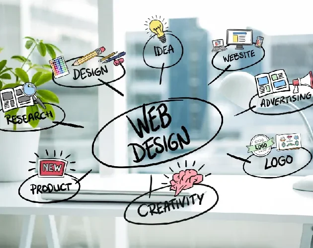 Web design and SEO keyword icons representing a website redesign strategy